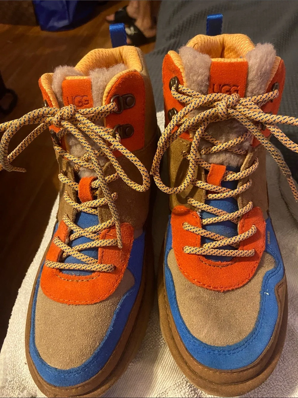 UGG Kids Tan Suede Boots with Bright Orange & Blue Accents